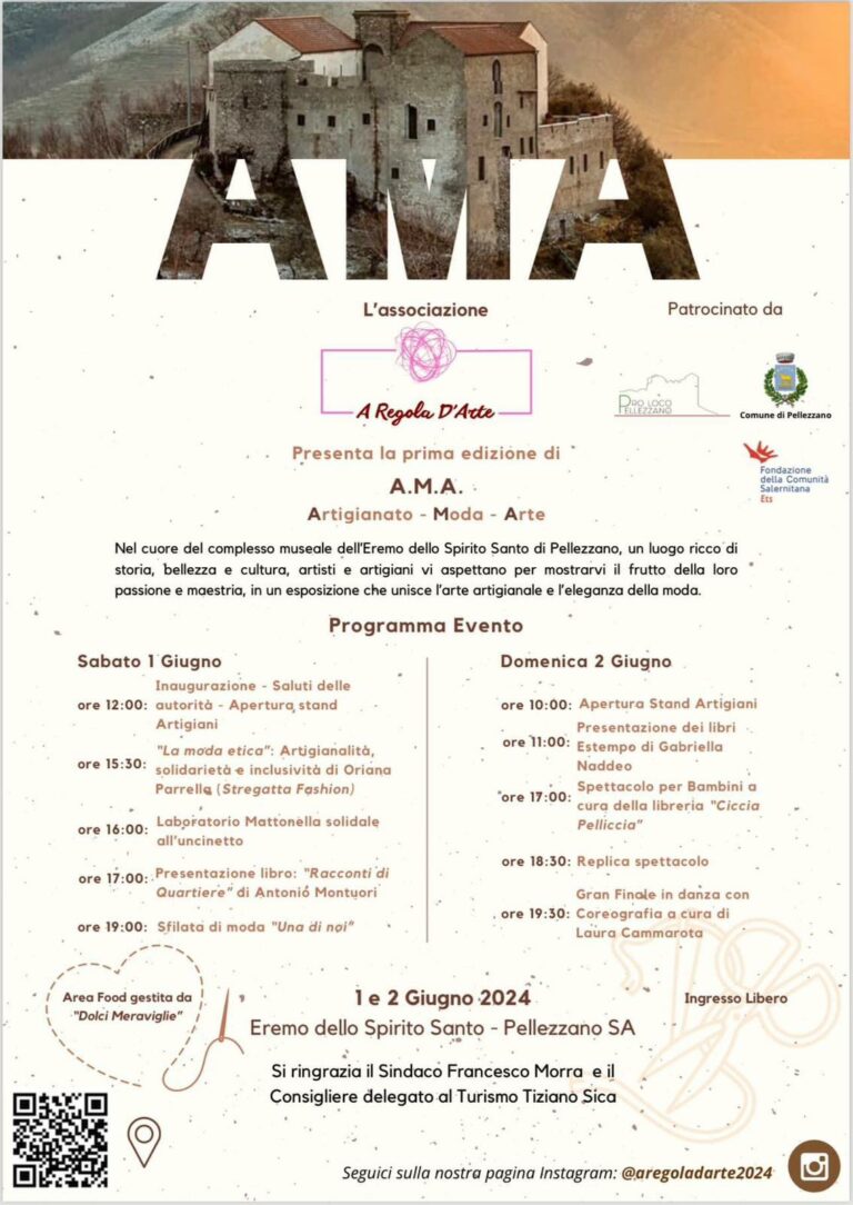 Il Complesso Monumentale dell’Eremo dello Spirito Santo di Pellezzano ospiterà la prima edizione di “A.M.A.”: iniziativa Artigianato, Moda e Arte